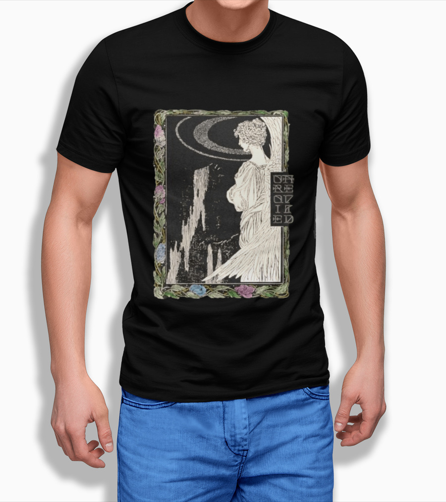 Angel Nouveau Unraveled Floral Frame Illustrative Art Winged Celestial Figure T-Shirt