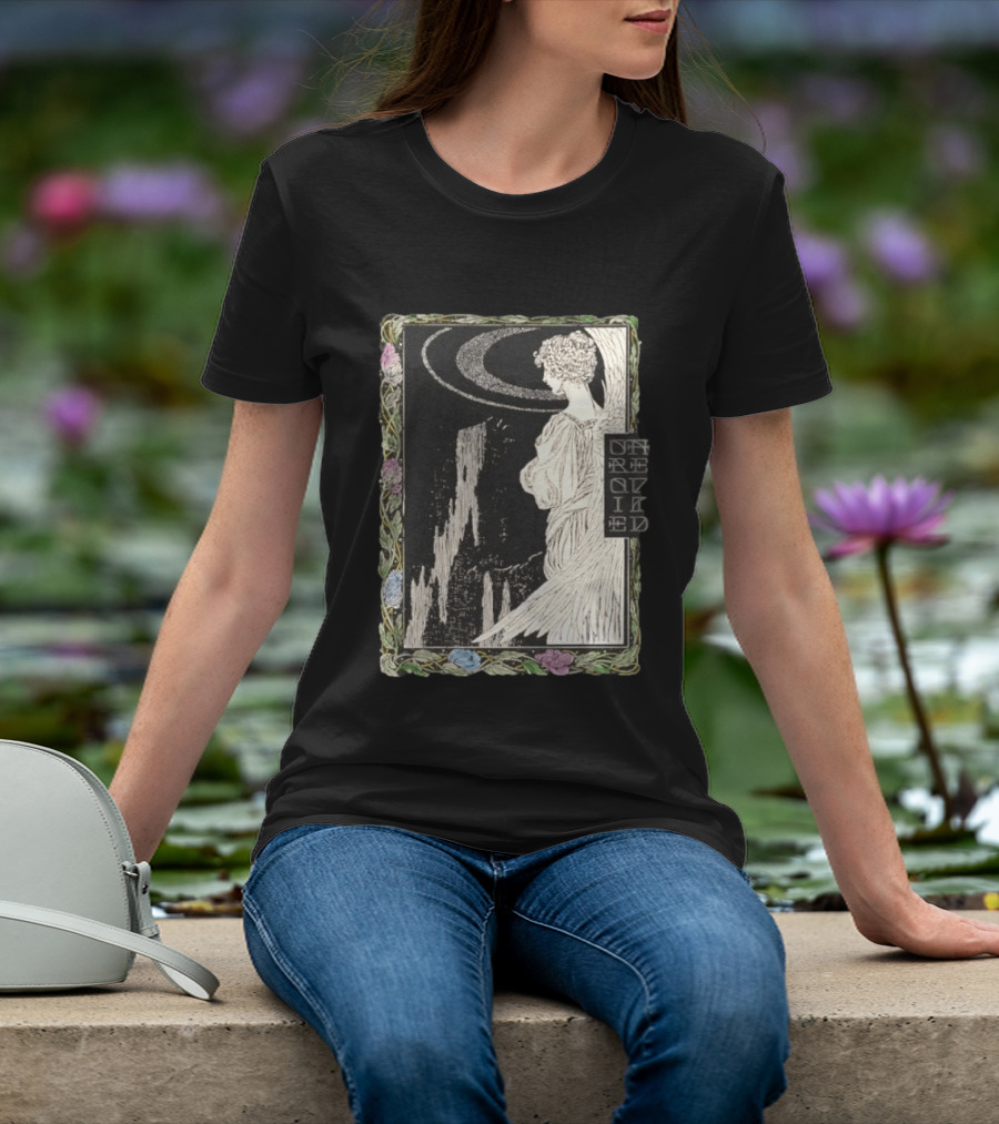 Angel Nouveau Unraveled Floral Frame Illustrative Art Winged Celestial Figure T-Shirt