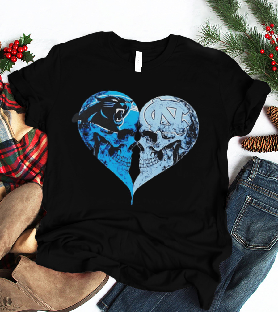 Carolina Panthers North Carolina Tar Heels Skulls Face To Face Heart Shape T-Shirt