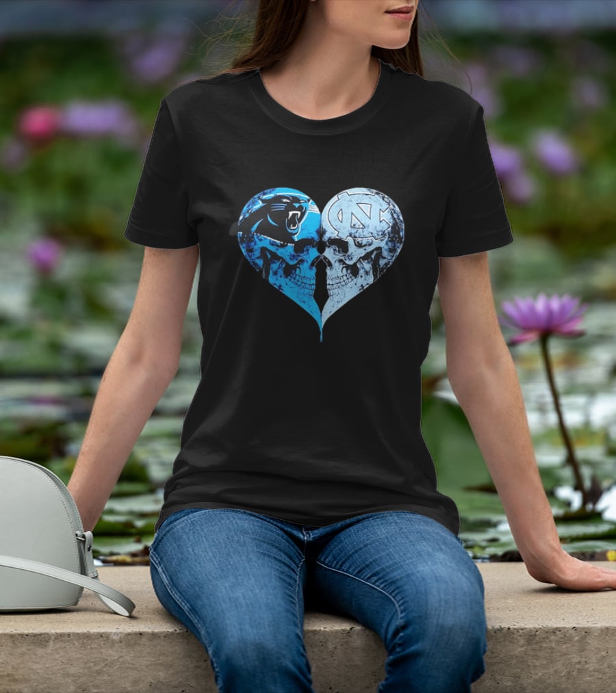 Carolina Panthers North Carolina Tar Heels Skulls Face To Face Heart Shape T-Shirt