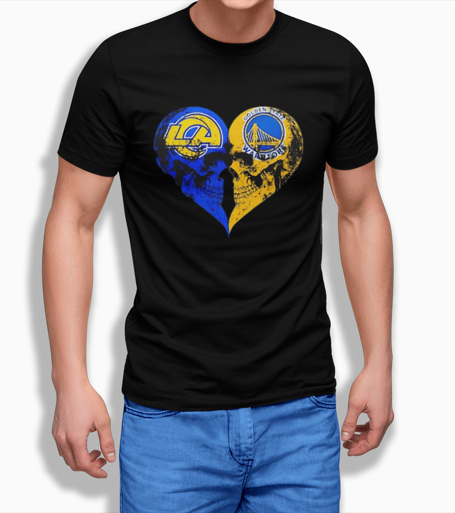 Los Angeles Rams Golden State Warriors Heart Shaped Skulls Distressed T-Shirt