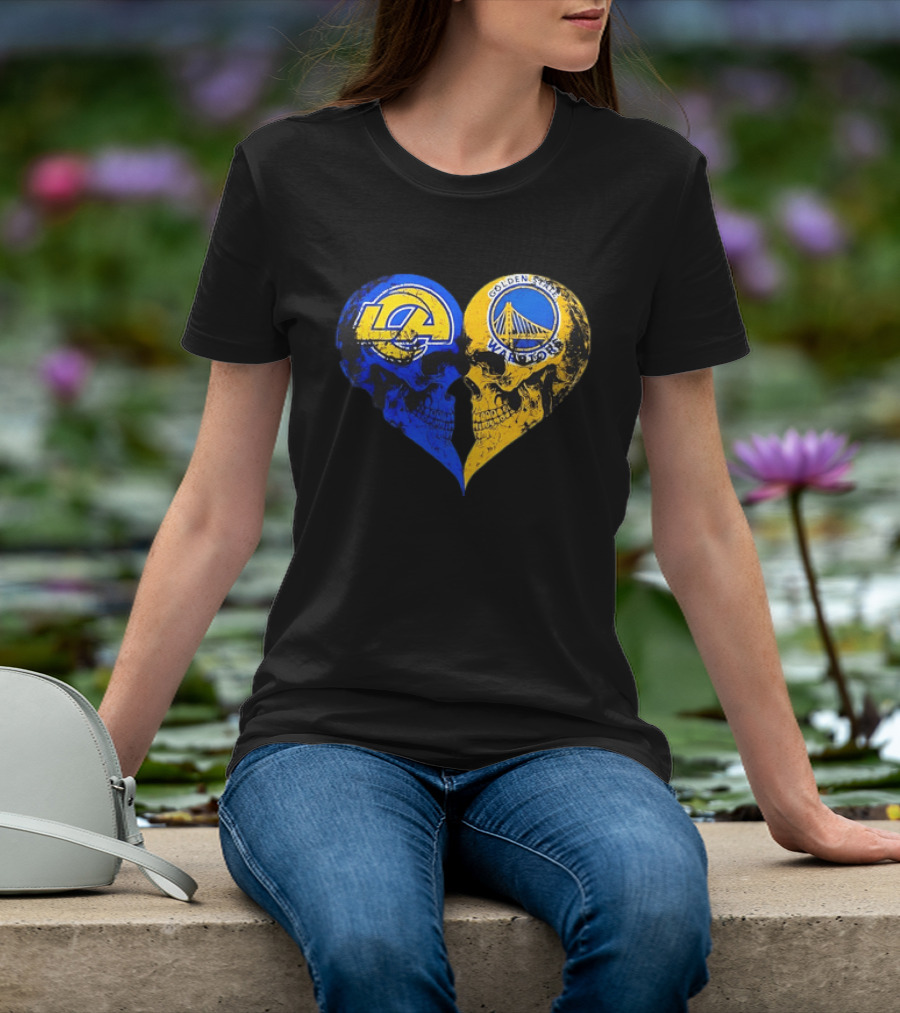 Los Angeles Rams Golden State Warriors Heart Shaped Skulls Distressed T-Shirt