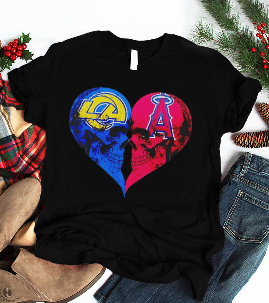 Los Angeles Rams Vs Los Angeles Angels Skulls Heart Face To Face Distressed T-Shirt