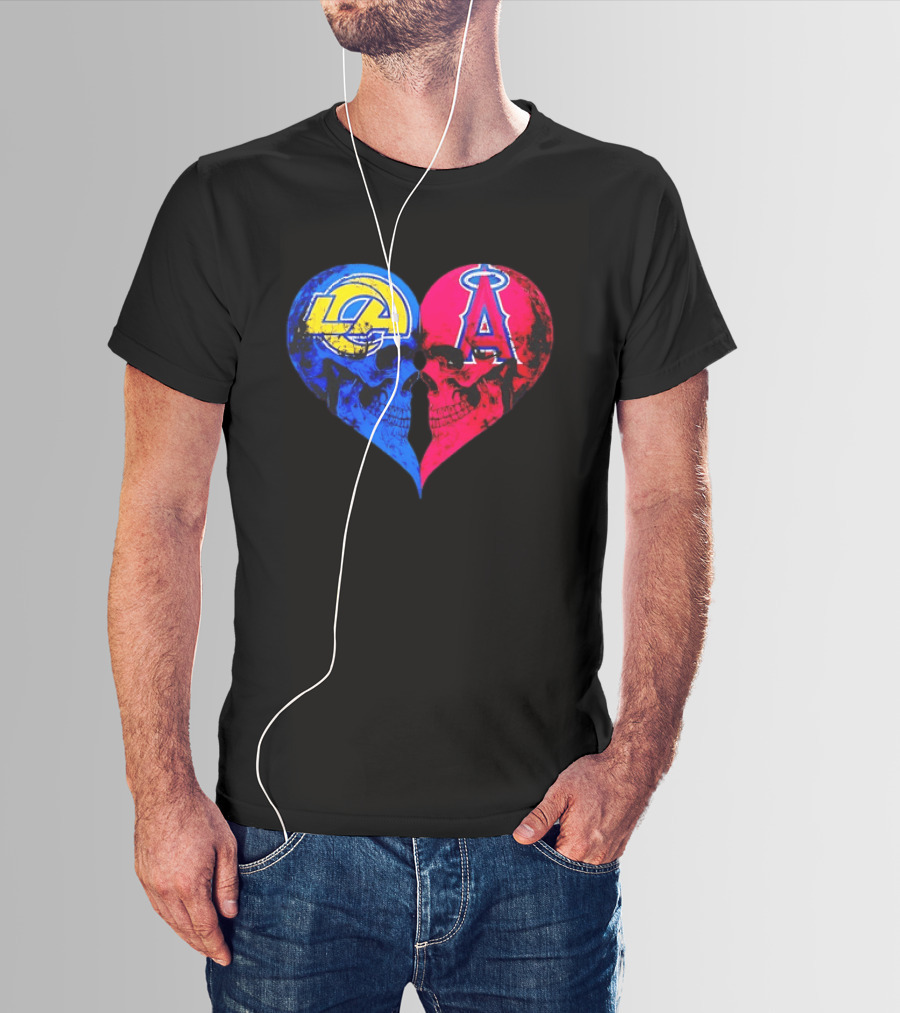 Los Angeles Rams Vs Los Angeles Angels Skulls Heart Face To Face Distressed T-Shirt