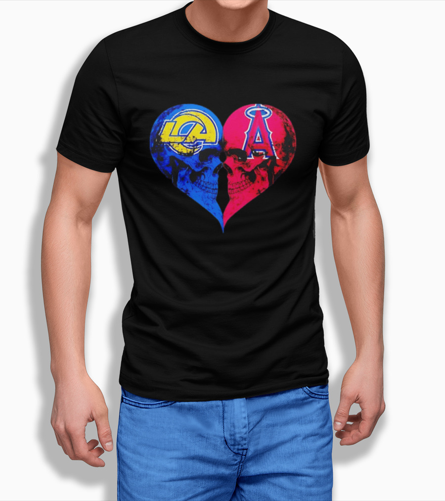 Los Angeles Rams Vs Los Angeles Angels Skulls Heart Face To Face Distressed T-Shirt