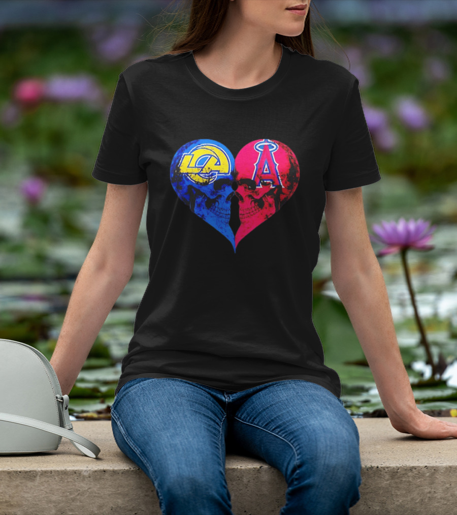Los Angeles Rams Vs Los Angeles Angels Skulls Heart Face To Face Distressed T-Shirt