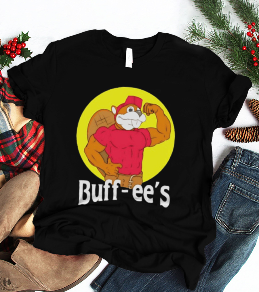 Buff Ee's Strong Muscular Beaver Character In Red Outfit T-Shirt