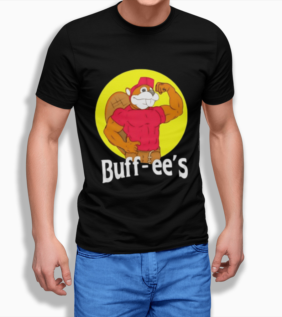 Buff Ee's Strong Muscular Beaver Character In Red Outfit T-Shirt