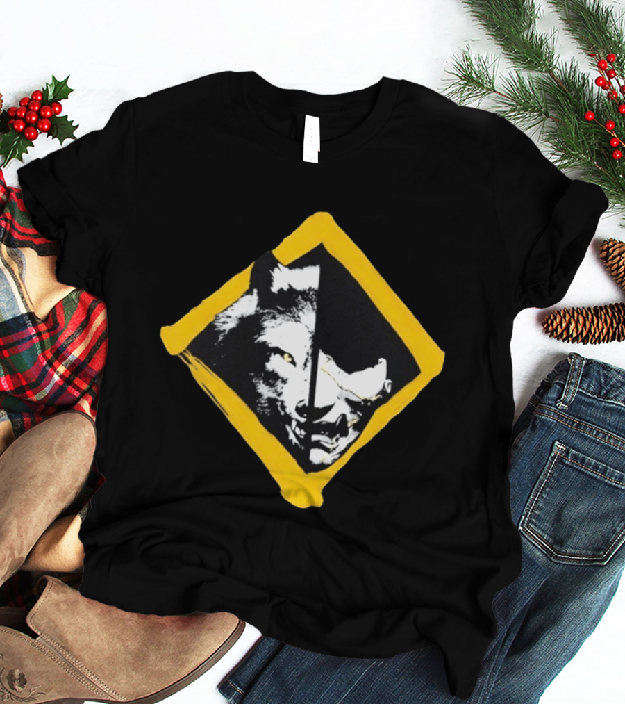 Wolf And Boar Split Face Diamond Yellow Border T-Shirt