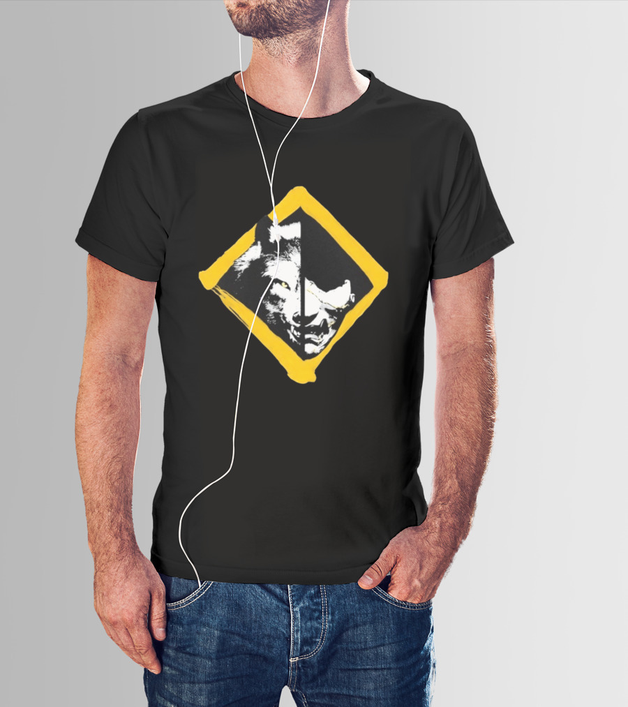 Wolf And Boar Split Face Diamond Yellow Border T-Shirt