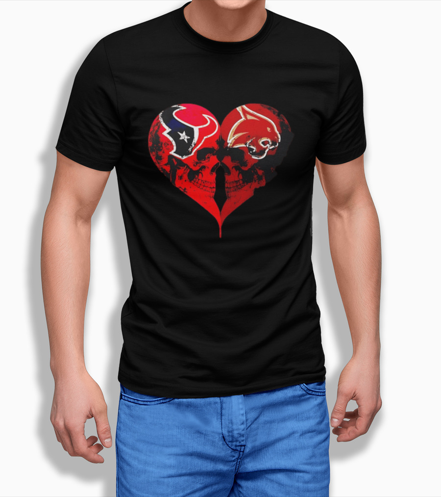 Houston Texans And Tampa Bay Buccaneers Skulls Heart Shape Distressed T-Shirt