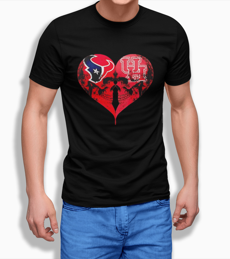 Houston Texans University Of Houston Cougars Heart Shaped Skulls Football Fans T-Shirt