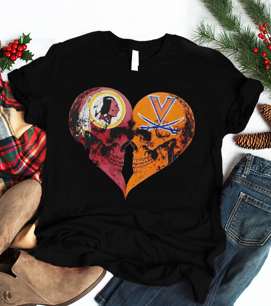 Washington Redskins Virginia Cavaliers Skulls Face To Face Heart Shape Distressed T-Shirt