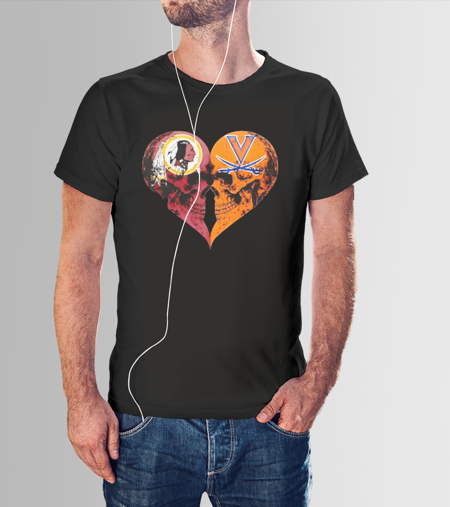 Washington Redskins Virginia Cavaliers Skulls Face To Face Heart Shape Distressed T-Shirt