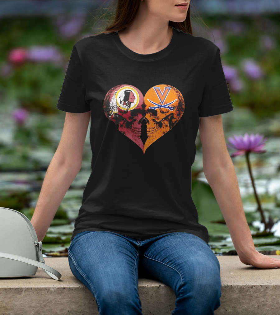 Washington Redskins Virginia Cavaliers Skulls Face To Face Heart Shape Distressed T-Shirt