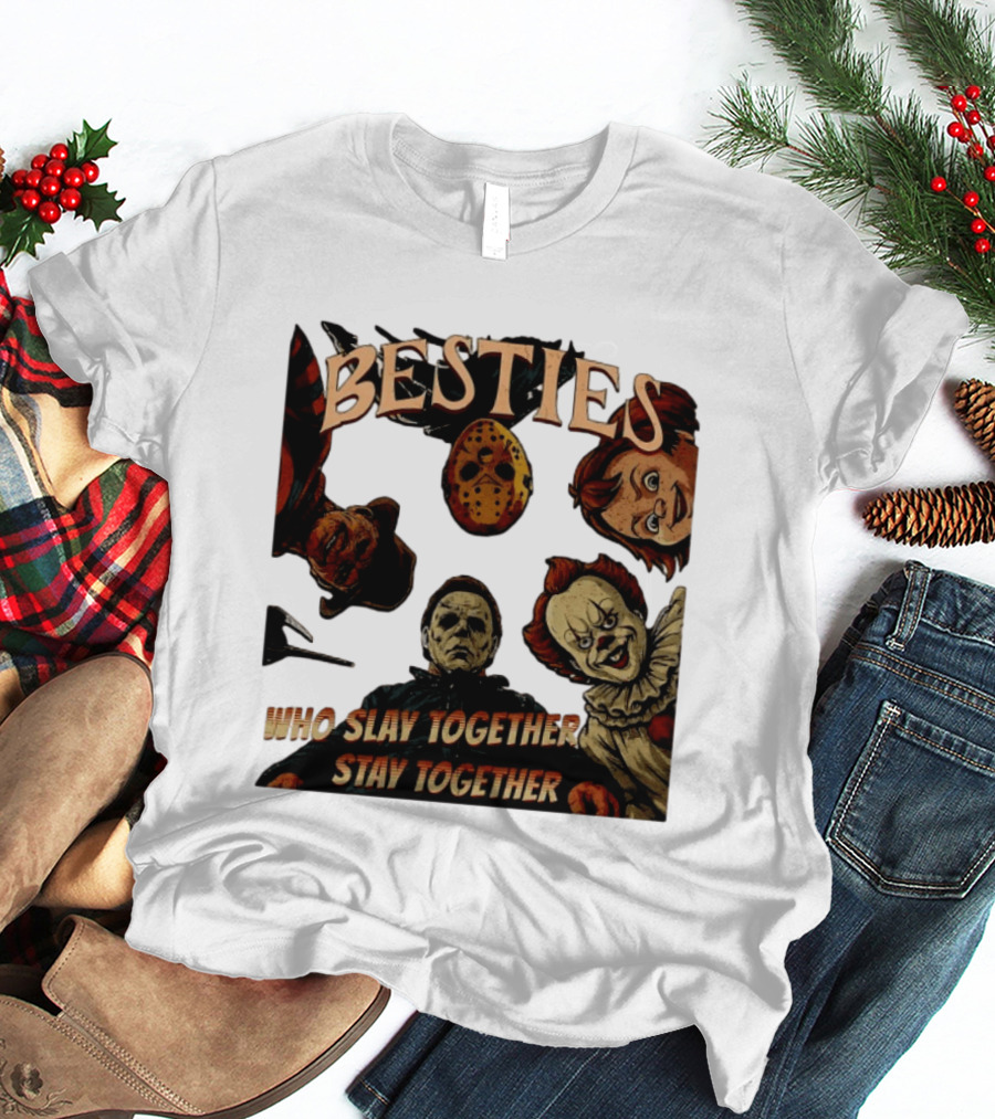 BESTIES Horror Movie Characters Mask Iconic Slayers Pennywise Knife Doll Together T-Shirt