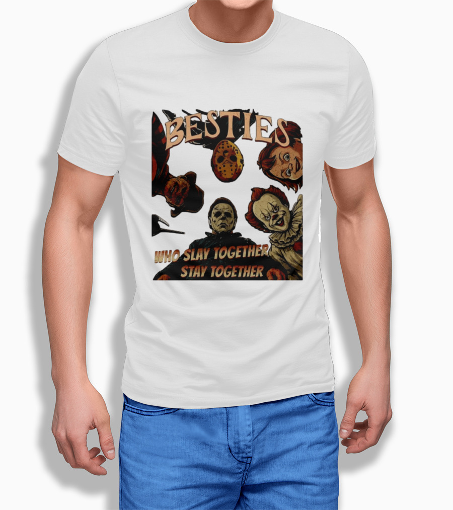 BESTIES Horror Movie Characters Mask Iconic Slayers Pennywise Knife Doll Together T-Shirt