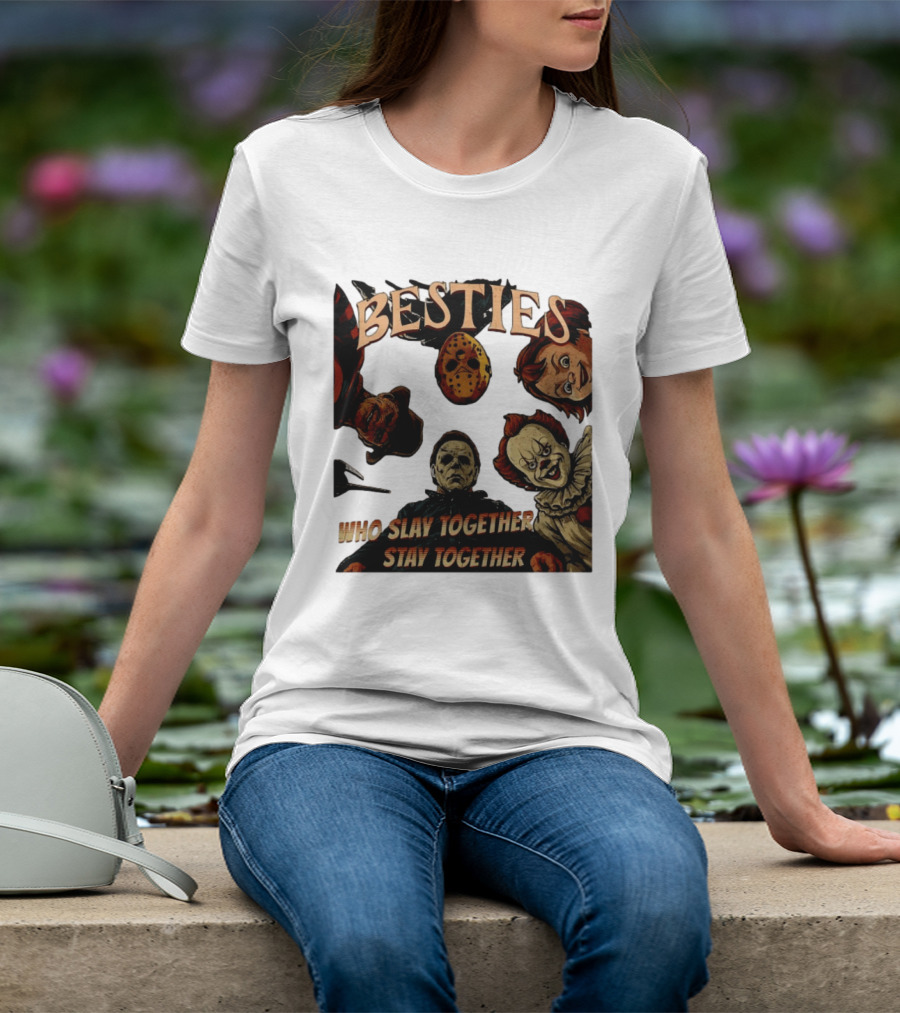 BESTIES Horror Movie Characters Mask Iconic Slayers Pennywise Knife Doll Together T-Shirt