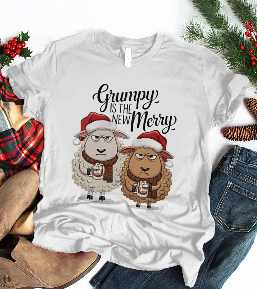 Grumpy Is The New Merry Christmas Sheep Santa Hat Holiday Humor T-Shirt