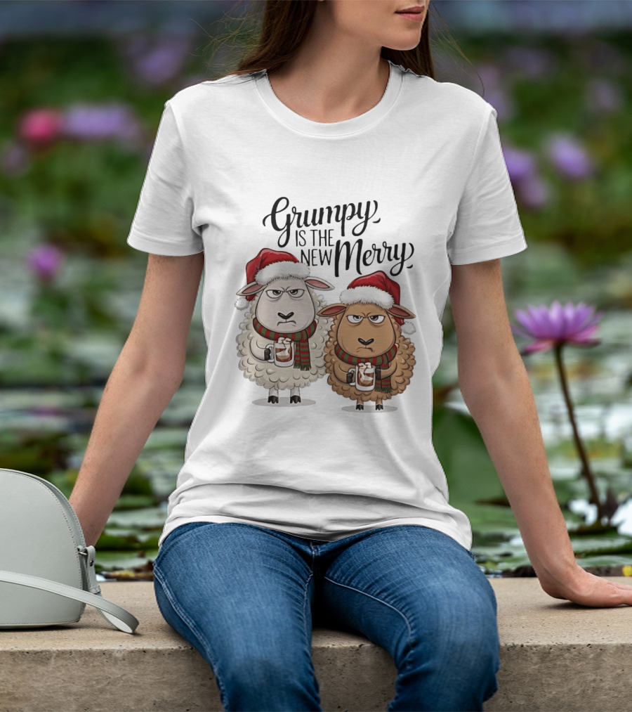 Grumpy Is The New Merry Christmas Sheep Santa Hat Holiday Humor T-Shirt