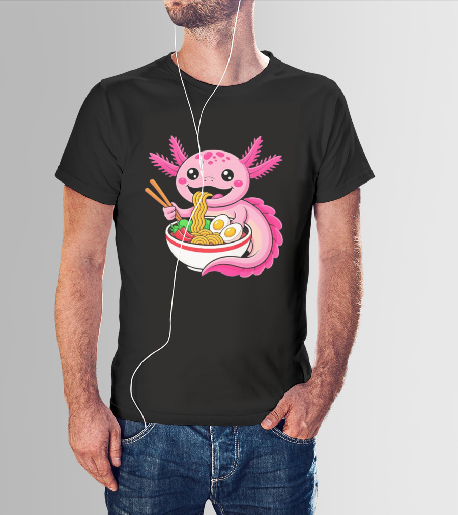 Axolotl Eating Ramen Kawaii Style With Chopsticks And Eggs T-Shirt