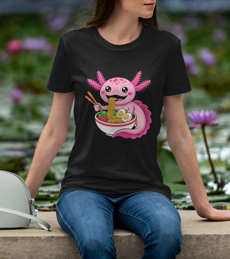 Axolotl Eating Ramen Kawaii Style With Chopsticks And Eggs T-Shirt