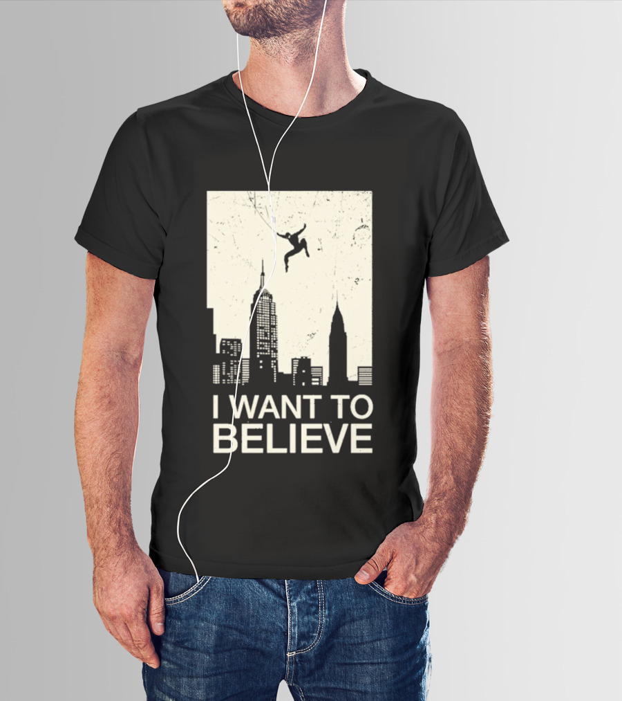 Friking I Want To Believe Swinging Hero Cityscape T-Shirt