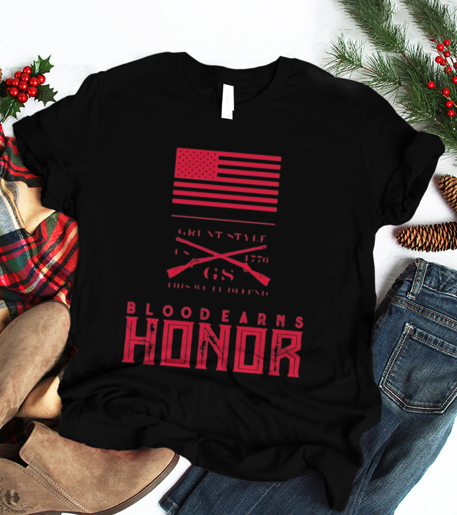 American Flag Blood Earns Honor Vintage Style 1776 Rifles T-Shirt