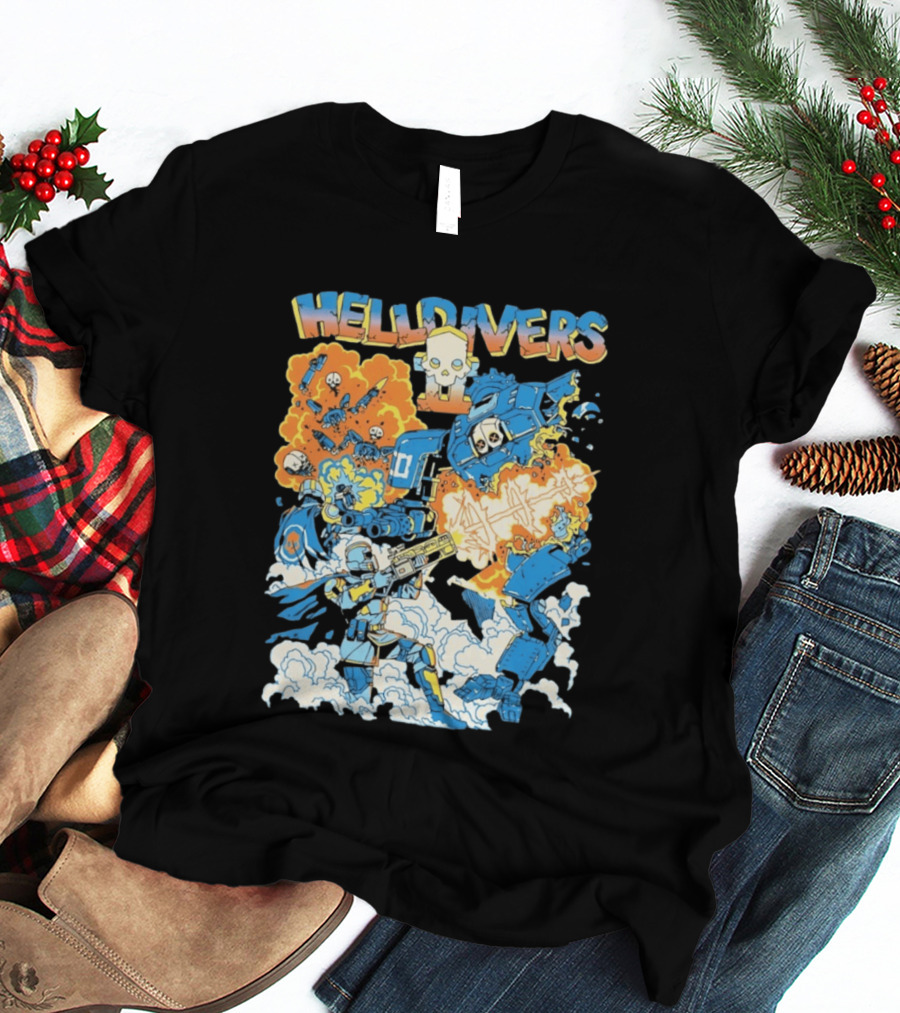 Helldivers Comic Style Explosive Battle Scene Skulls Robots Flames T-Shirt