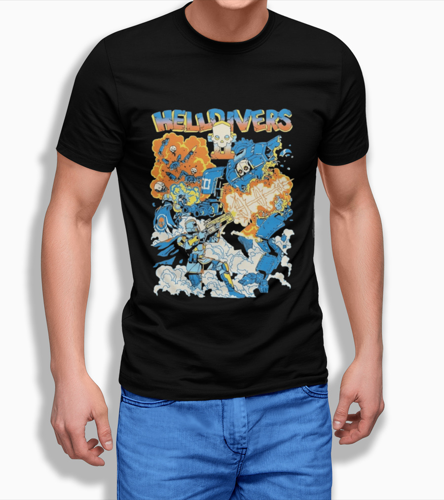 Helldivers Comic Style Explosive Battle Scene Skulls Robots Flames T-Shirt