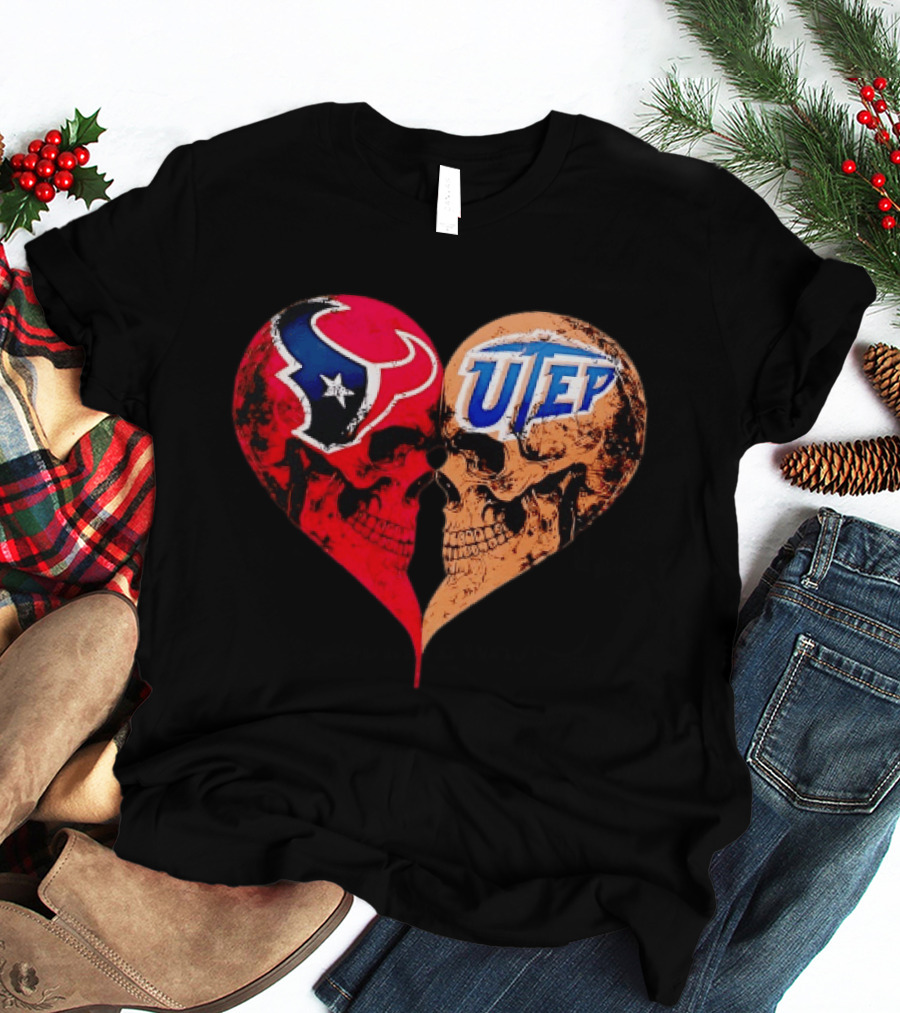 Houston Texans UTEP Miners Skulls Heart Shape Face To Face T-Shirt