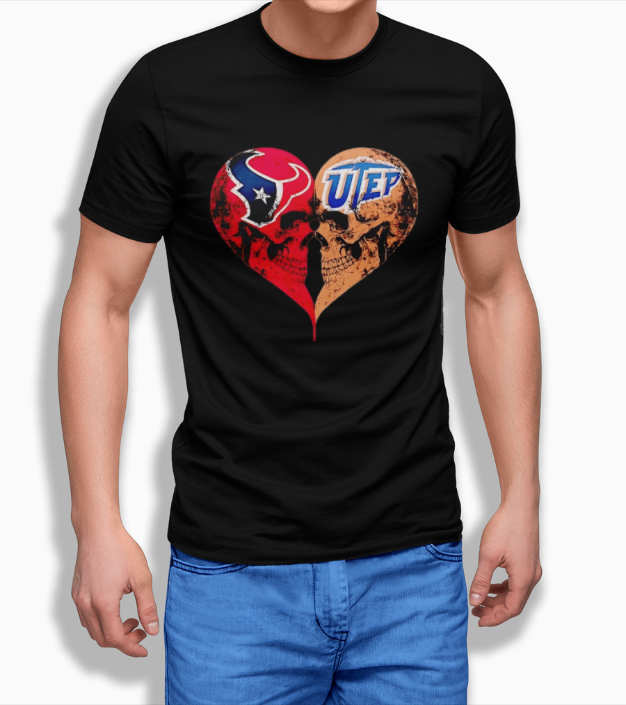 Houston Texans UTEP Miners Skulls Heart Shape Face To Face T-Shirt