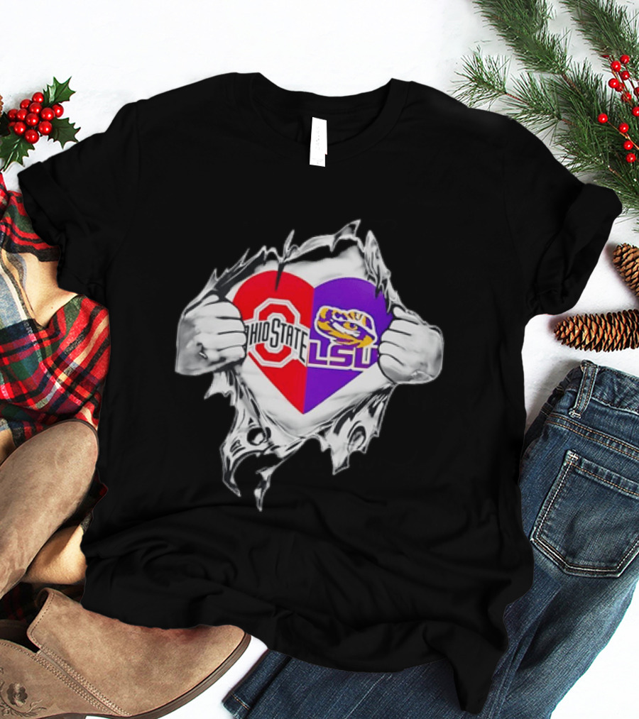Ohio State LSU Heart Ripped Open Fan T-Shirt