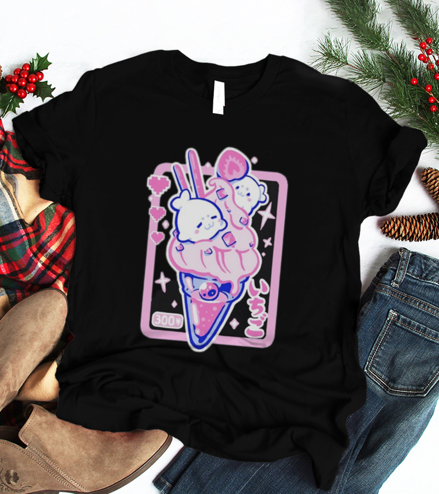 Kawaii Strawberry Ice Cream With Seals And 300 Yen Cute Hearts T-Shirt