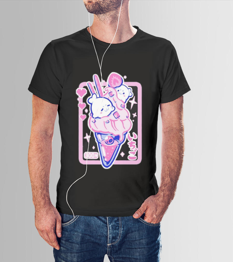 Kawaii Strawberry Ice Cream With Seals And 300 Yen Cute Hearts T-Shirt