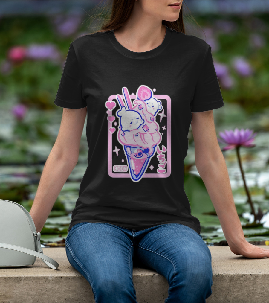 Kawaii Strawberry Ice Cream With Seals And 300 Yen Cute Hearts T-Shirt