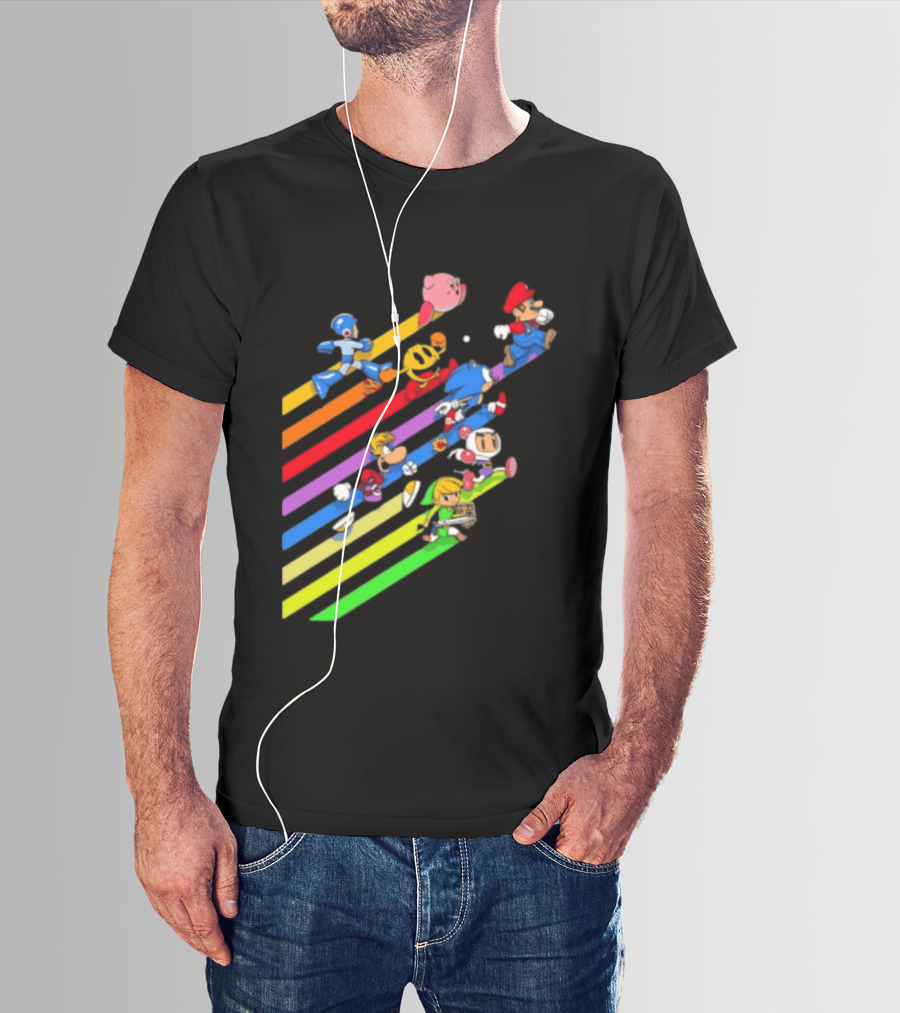 Legends Gaming Mario Pac Man Mega Man Sonic Link Kirby Bomberman Rayman Characters T-Shirt