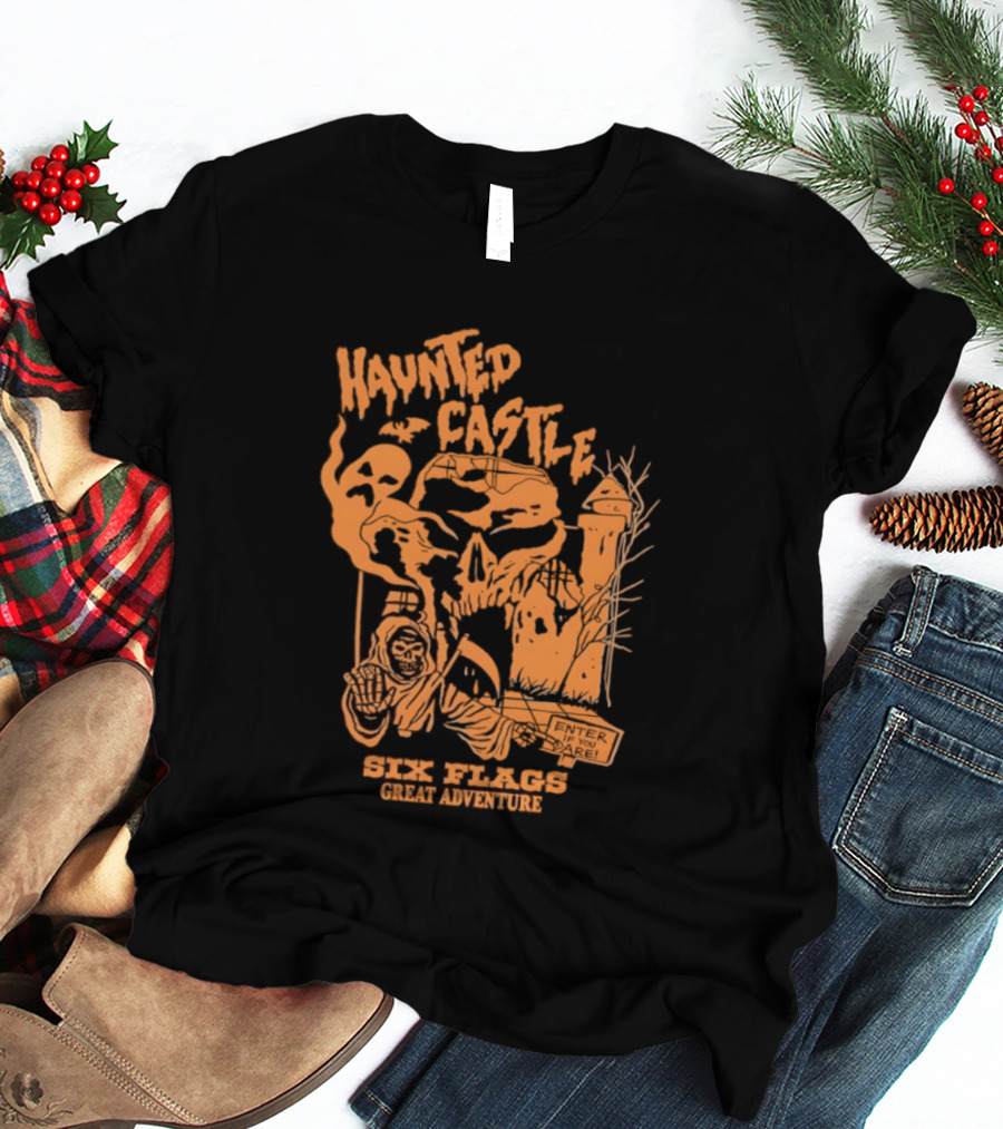 Six Flags Great Adventure Haunted Castle Enter If You Dare Spooky Skeleton And Ghosts T-Shirt