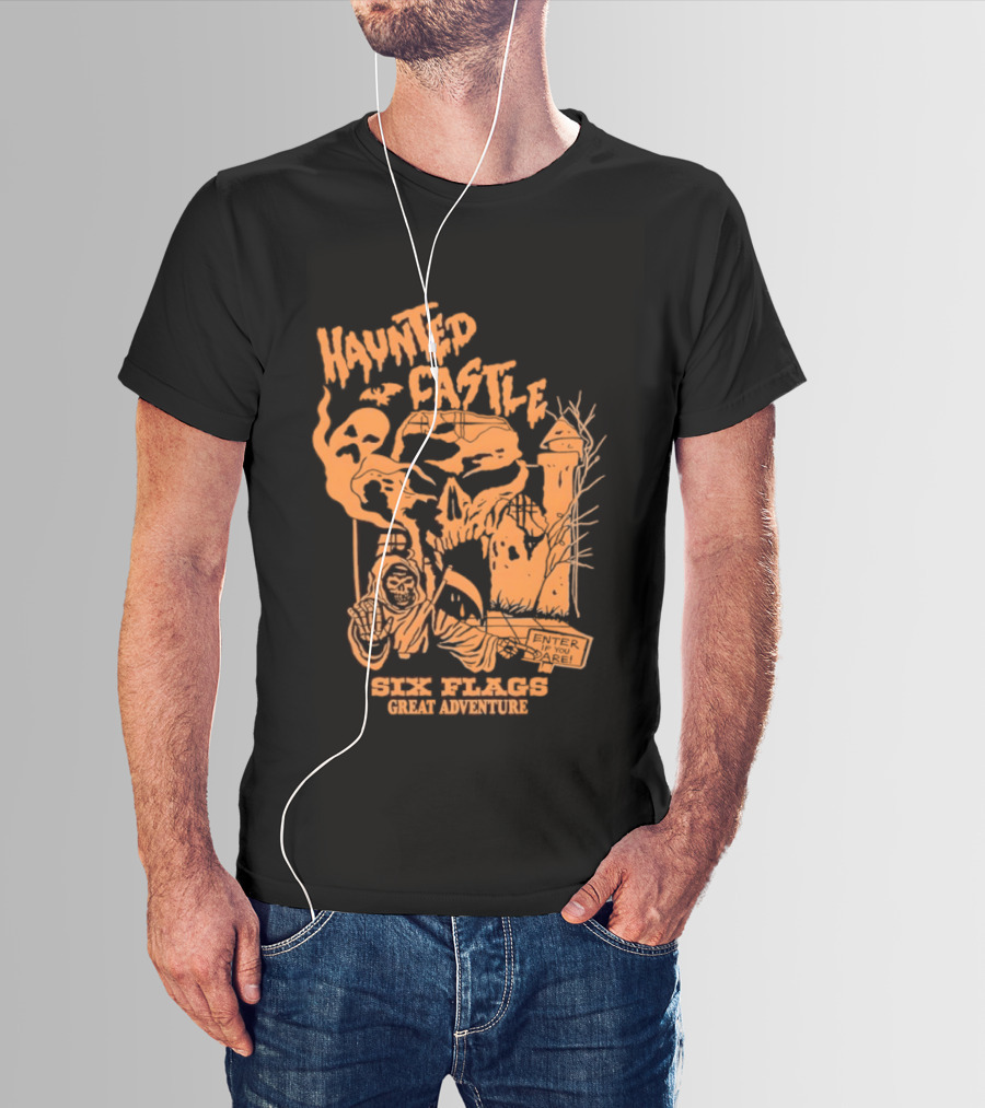 Six Flags Great Adventure Haunted Castle Enter If You Dare Spooky Skeleton And Ghosts T-Shirt
