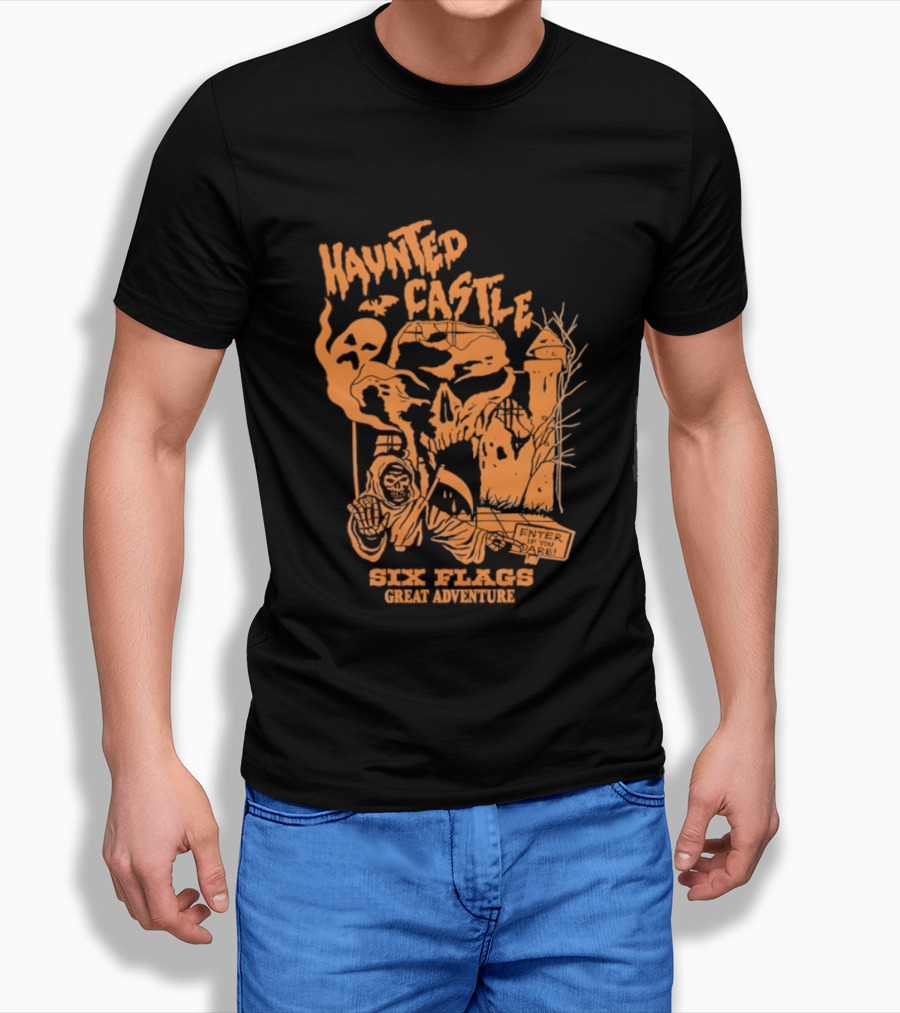 Six Flags Great Adventure Haunted Castle Enter If You Dare Spooky Skeleton And Ghosts T-Shirt