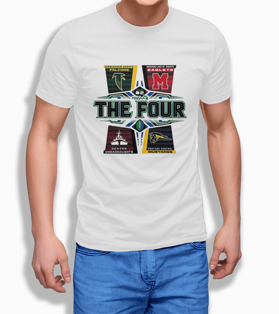Birmingham Groves Falcons Orchard Lake St. Mary's Eagles Dexter Dreadnaughts Portage Central Mustangs 2025 MHSAA Football D2 The Four T-Shirt