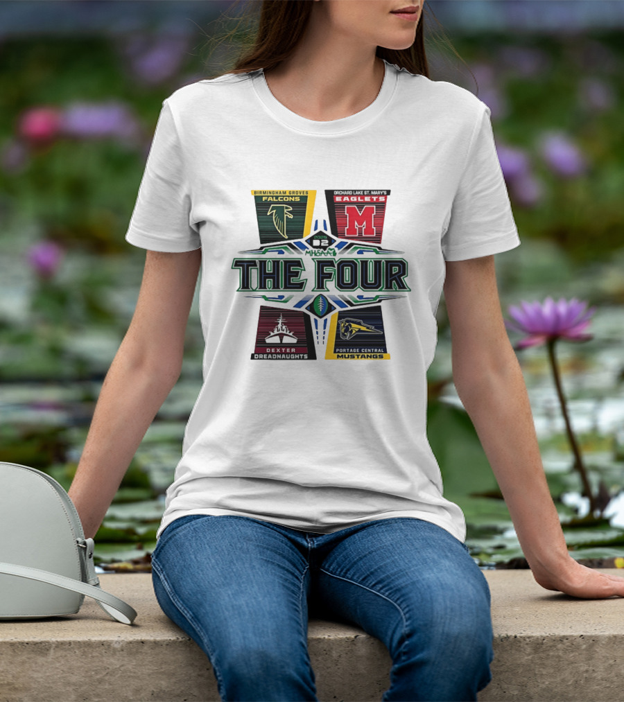 Birmingham Groves Falcons Orchard Lake St. Mary's Eagles Dexter Dreadnaughts Portage Central Mustangs 2025 MHSAA Football D2 The Four T-Shirt