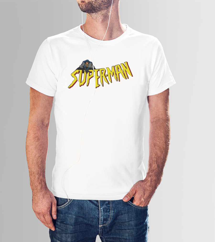 Batman Crouching On Superman Lettering DC Comics T-Shirt