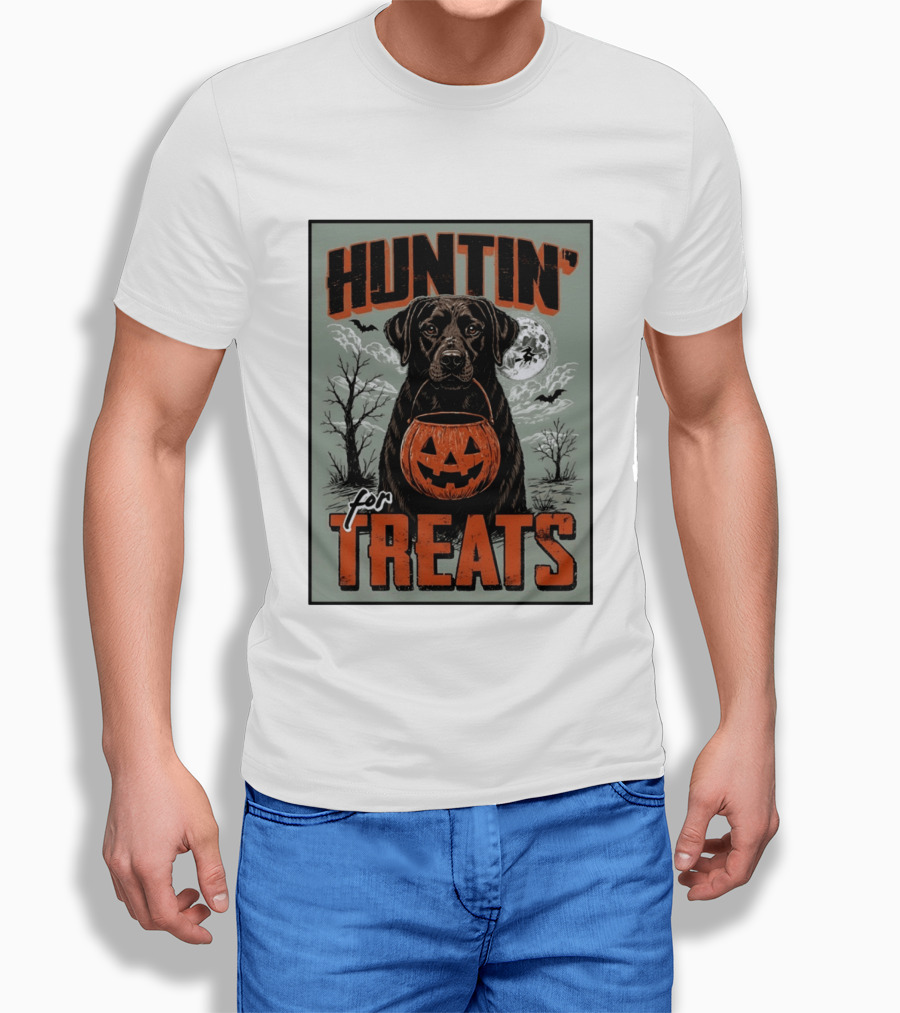 Black Labrador Huntin' For Treats Halloween Dog Moon And Jack O' Lantern T-Shirt