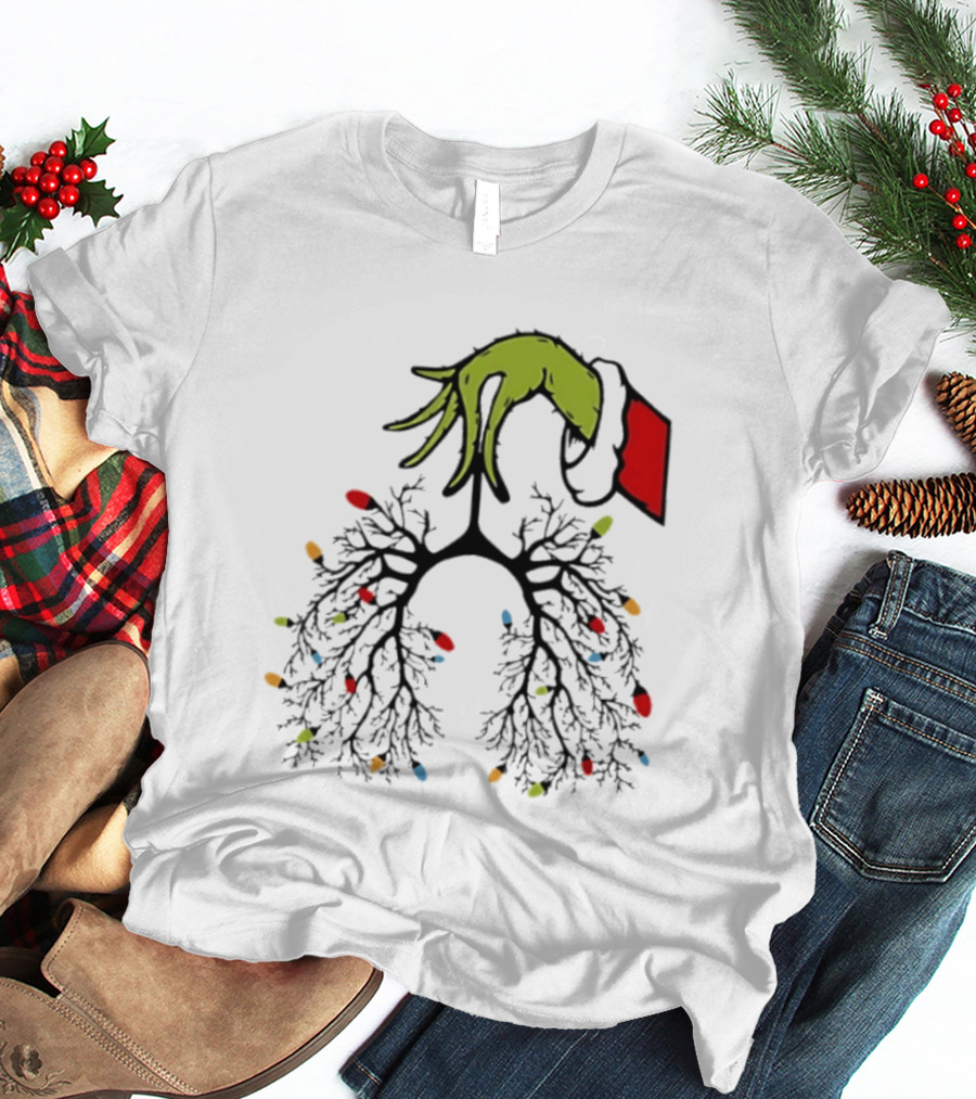 Christmas 2025 Nurse Lungs With Lights And Green Hand Santa Sleeve T-Shirt