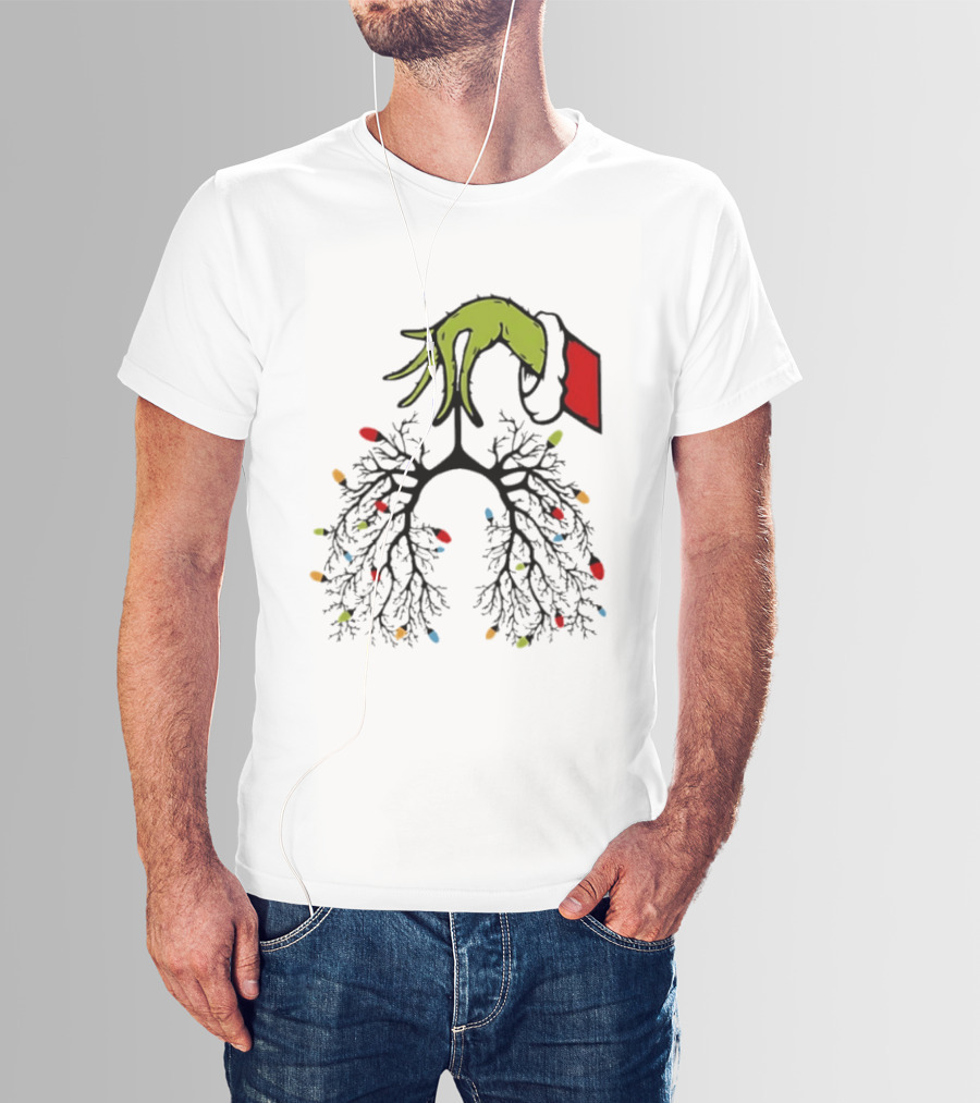 Christmas 2025 Nurse Lungs With Lights And Green Hand Santa Sleeve T-Shirt