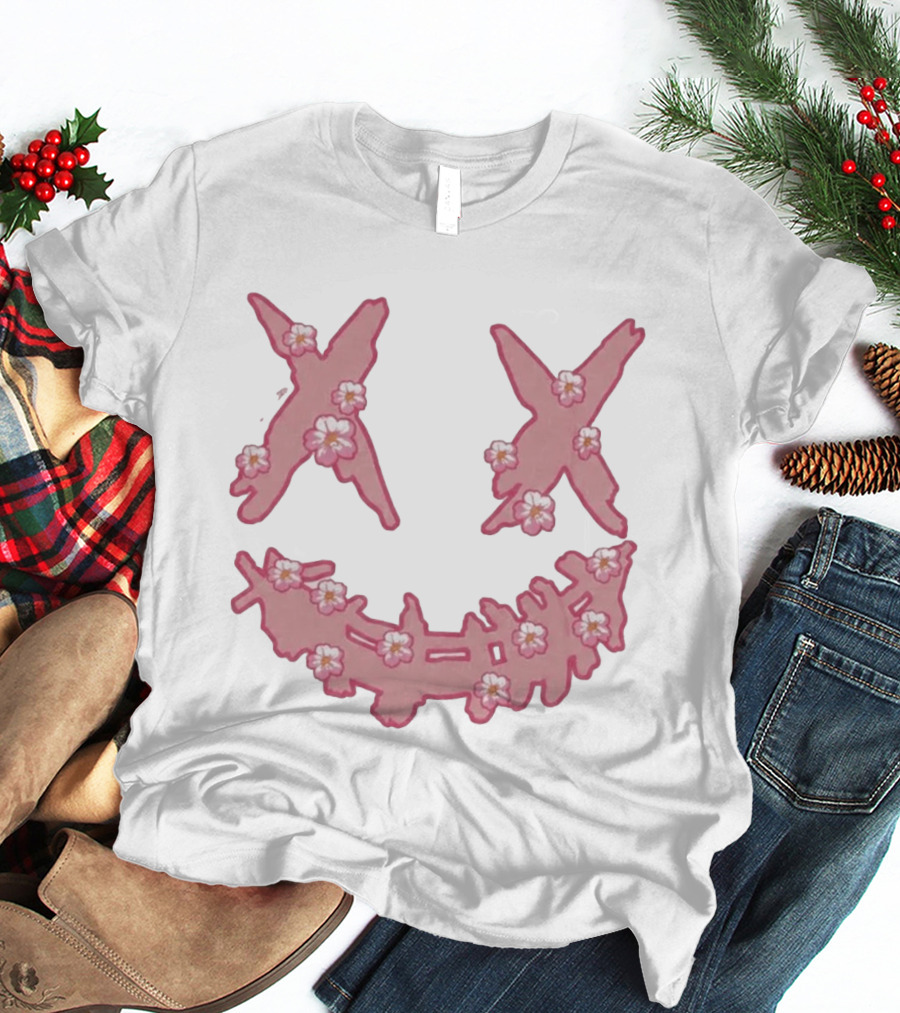 Kaos Ric Ricky Is Clown Sakura Pink Embroidery With Floral X Smiley T-Shirt