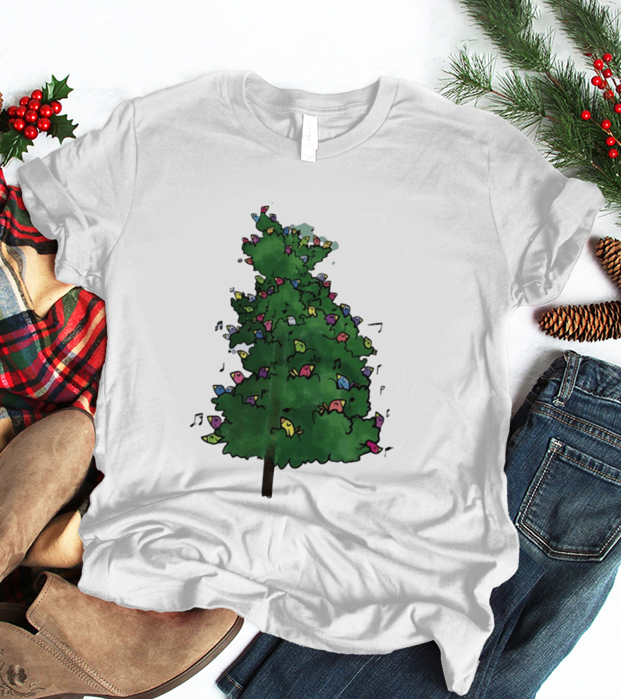 Colorful Singing Birds In Evergreen Tree With Musical Notes T-Shirt