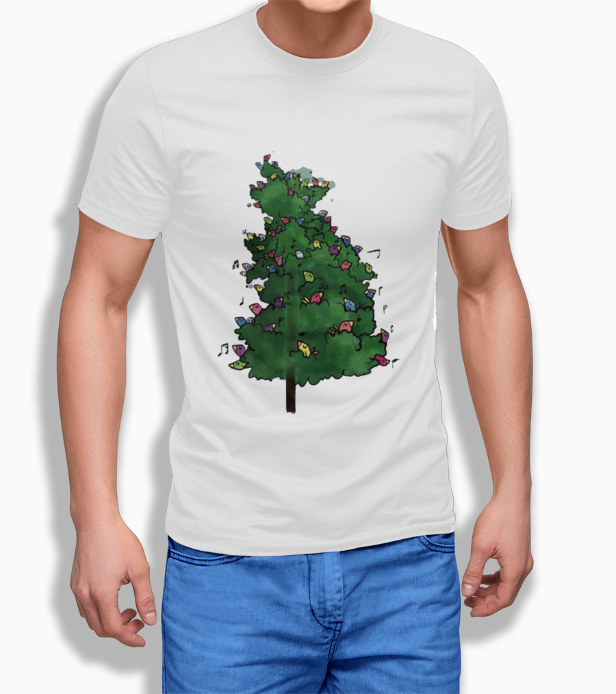Colorful Singing Birds In Evergreen Tree With Musical Notes T-Shirt