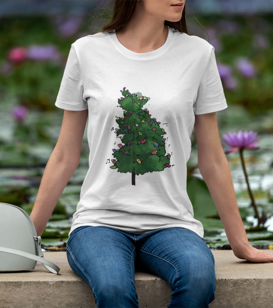 Colorful Singing Birds In Evergreen Tree With Musical Notes T-Shirt